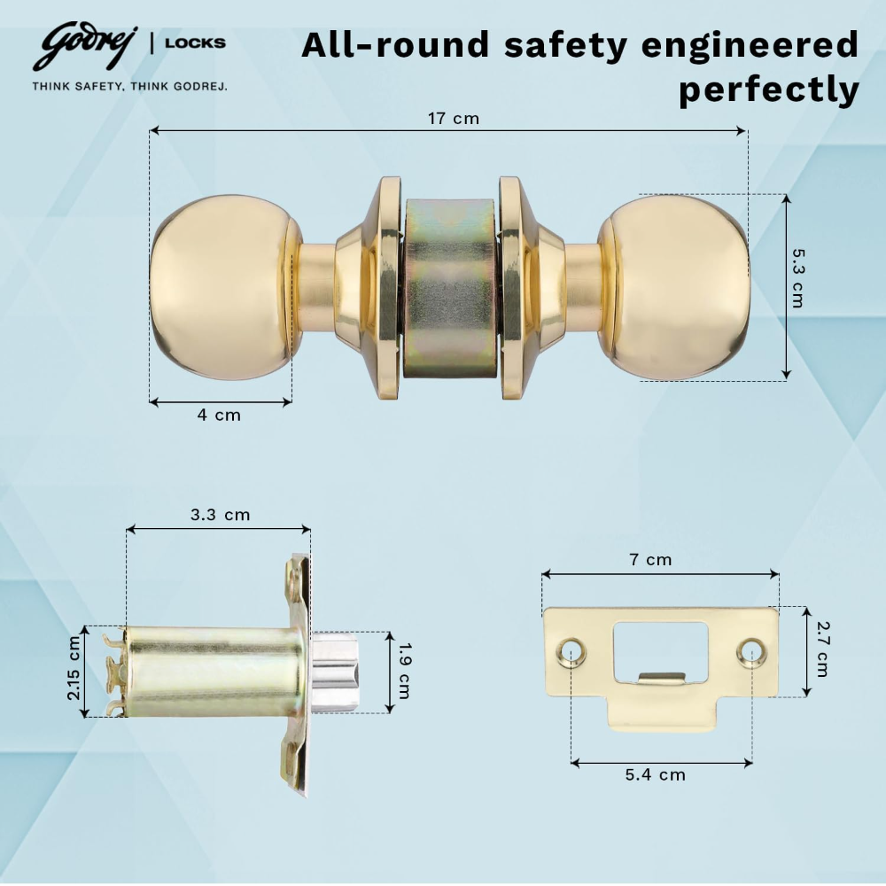 Godrej Cylindrical Lock | 3 Keys |For bedroom doors, Internal Wooden Door | 6cm 60mm Backset | Suitable for Left Right Handed & Inside Outside Opening |Brass Finish | 5 Year Warranty